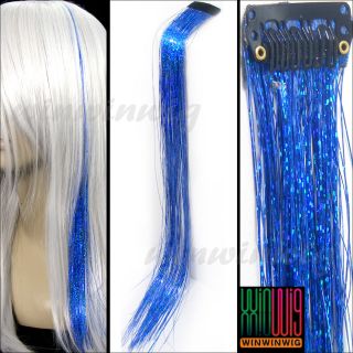 Bling Hair Tinsel Blue Sparkle Colors Clip in 15 Hair Extensions