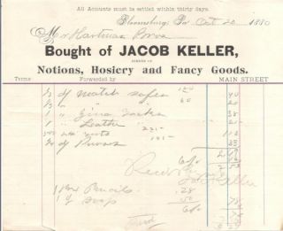 Jacob Keller Notions Hosiery Billhead Bloomsburg 1880