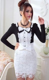   Two Tone Bowknot Flounce Lace Long Sleeve T Shirt Blouse Top