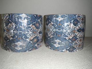 New Pair of J Hunt Drum Lamp Shades Blue Brown Beige White Fabric 