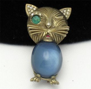    Signed CINER Winking Cat Brooch Pin Blue Glass Cabochon Rhinestone