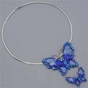 Blue Crystal Removable Butterfly Pendant Silver Omega Necklace Costume 