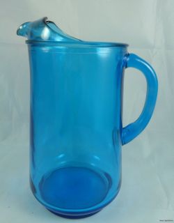 Vintage Blue Glass Juice or Water Pitcher Heavy Retro Kitchen Art Deco 