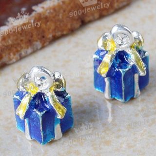   Blue Enamel Xmas Gift Box Package Charm Bead Jewelry Finding