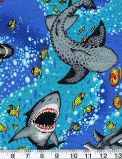   Fabric Kids Shark Attack Blue Turquoise Fish Ocean Water New