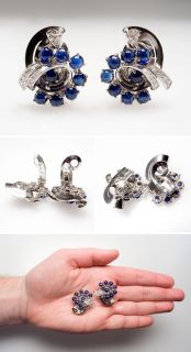   Retro Natural 13 Carat Blue Sapphire & Diamond Earrings 18K White Gold