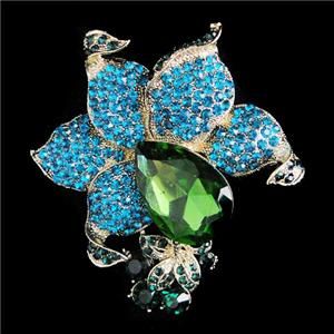 Retro Flower Orchid Drop Pin Brooch Swarovski Crystal Blue Pendant 