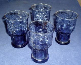 Vintage Libbey Cobalt Blue Juice Glasses Daisy Flower Pressed Glass 