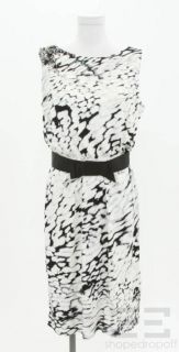 BLUMARINE Black White Printed Jersey Embellished Belted Dress Size 44 