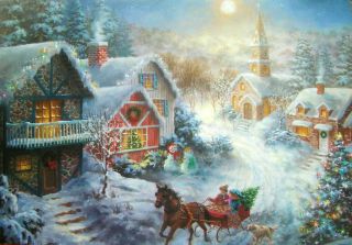 Nicky Boehme Village Church Scene Horse Sleigh Christmas Greeting Card 