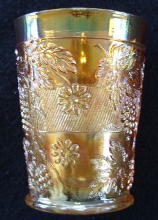 Dugans Floral Grape Marigold Carnival Glass Tumblers