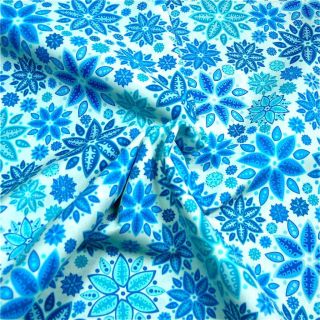 Robert Kaufman Cotton Fabric Star Flowers in Bright Blue Aqua on White 