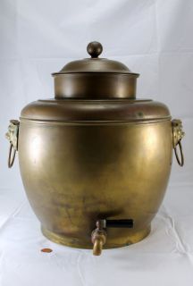 Antique Brass Chinese Hot Water Pot Huge Urn Samovar Foo Dog Handles 