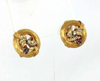 Vintage 14k Gold Diamonds Rubies Wreath Bow Earrings