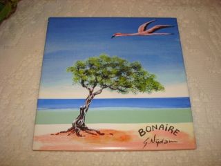 Tropical Hand Painted 8 x 8 Clay Tile Art Bonaire Beach Flamingo