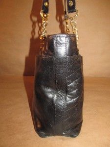 Bonia Vintage Black Leather Tote Shopper Carry All Chain Strap Purse 