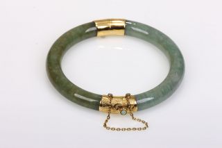 Jade Bracelet Engraved 14k Yellow Gold Vintage Hinge Clasp