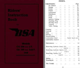 BSA 1945 Riders Instruction Book BSA Model C10 250cc s V BSA Model C11 