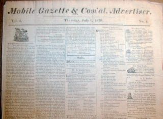 Unique 1820 ALABAMA newspaper MOBILE GAZETTE & COMMERCIAL ADVERTISER 