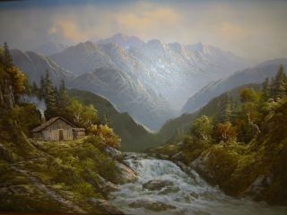 Boren Artist Painting on Canvas Waterfall Mountian Outdoor Signed 