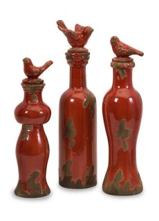French Country s 3 Red Bird Bottles Jars Figurines Statue Distressed 