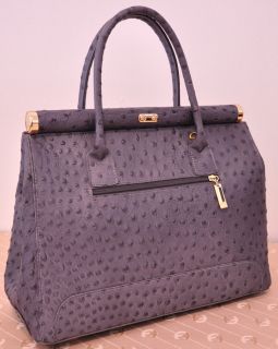 Real Leather Handbag Tote Satchel Ostrich Embossed Made in Italy Gray 