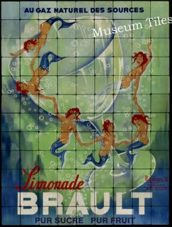 20x28 Vintage Art Deco Mermaid Brault Marble Tile Mural