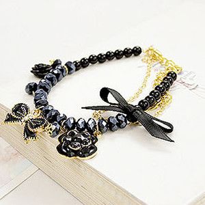    Girls Black Butterfly Flower Bow Fake Pearl Bracelet 