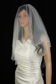Wedding Veil Bridal Bride Two Tier Ivory Fingertip Scalloped Crystal 