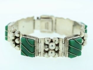 Vintage Mexican Sterling Silver Jade Bracelet 7