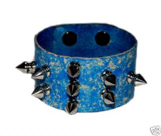 Spiked Leather Blue Bracelet Goth Punk Industrial Cyber