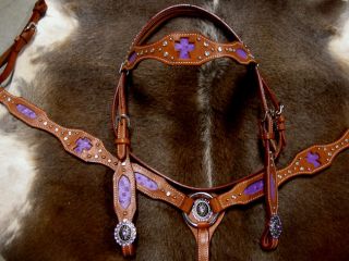 Bridle Breast Collar Western Leather Headstall Purple Horse Tack HS60 