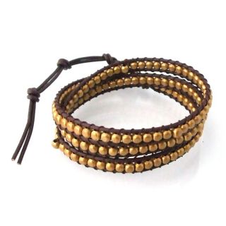 shine brass beads brown leather triple wrap bracelet bracelets 