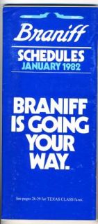 Braniff Airlines Schedule January 1982 Going Your Way Timetable
