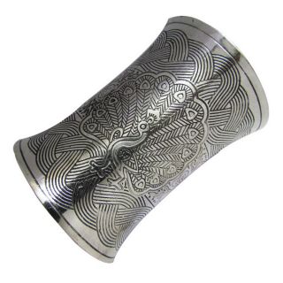 Silver Tone Brass Cuff in Peacock Engraved Adjustable Bracelet Jewelry 