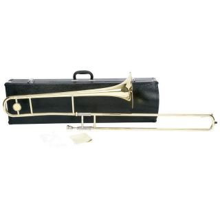  Trombone with mouthpiece polishing cloth and case gold lacquer finish