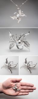 South Sea Pearl & Diamond Flower Brooch Pin Pendant Solid 14K White 