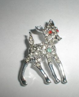 Vintage Brooch Pin Figural Deer Rhinestone on Silvertone