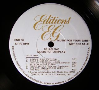 Brian Eno Music for Airplay RARE 1980 White Label Promo E G Records LP 