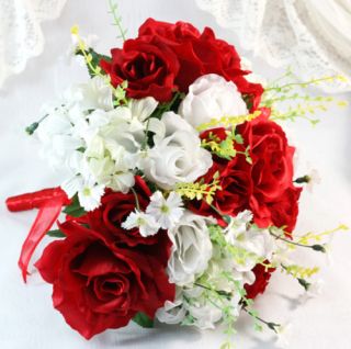 10 Bridal Bouquet White Red Rose Wedding Silk Flower