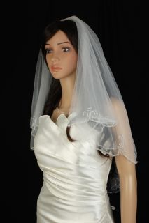 Bridal Veil Wedding 2 Tier Ivory Elbow Length Crystal Beaded Scalloped 