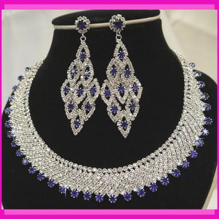   Bridal Bridesmaids Diamante Blue Crystal Necklace Earrings Jewelry Set