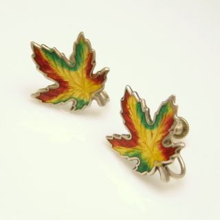   Silver Canada Maple Leaf Earrings Enamel Red Green Yellow
