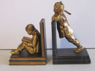 Bronze Art Deco Bookends Asian Chinese Students Sitting on Books