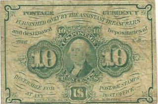 1862 1863 10 Cents Union Civil War Fractional Postage Currency Note 