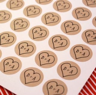 Kraft Brown Heart Custom Initials Stickers Wedding Love