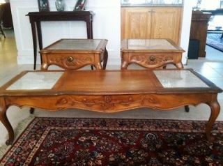 Beautiful French Provincial Marble Inlaid End Tables and Coffee Table