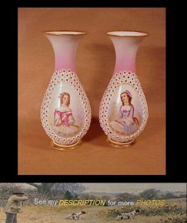 Antique Pair Hand Painted Meissen Portrait Vases w/ Applied Flowers
