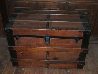   No. 90 Yale & Towne Flat Top Wooden Steamer Trunk with Tray & Casters
