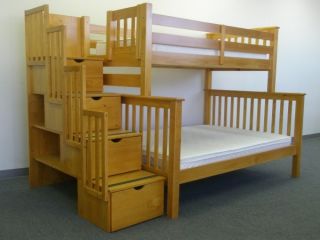 STAIRWAY BUNK BED Twin over Full in Honey + 4 Drawers Built in to the 